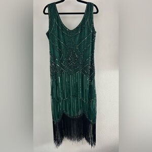 Daisy Emerald Green Beaded Fringe Midi Dress